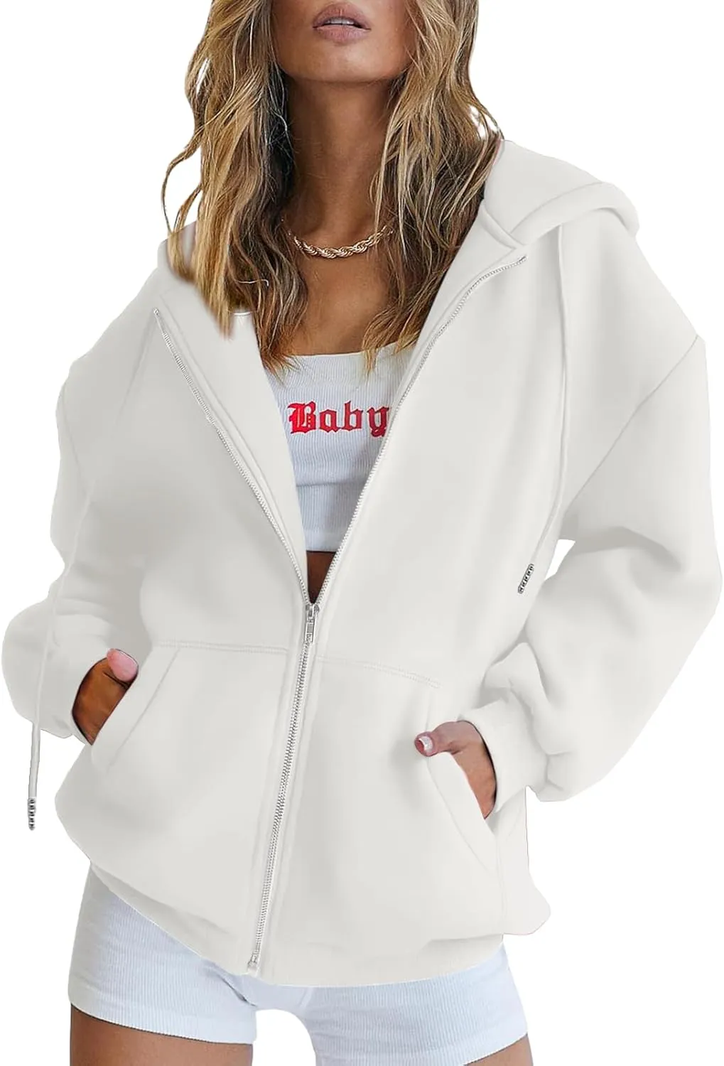 Bobeutou Womens Zip Up Y2K Hoodies Long Sleeve Fall Oversized Casual Drawstring Drop Shoulder Sweatshirts Jacket with Pocket