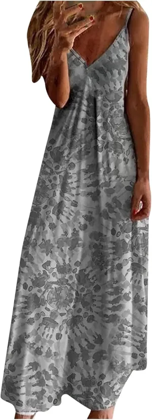 Boho Dresses for Women 2024 Casual Summer Sexy Spaghetti Strap Maxi Dress Sleeveless Beach Flowy Sundresses