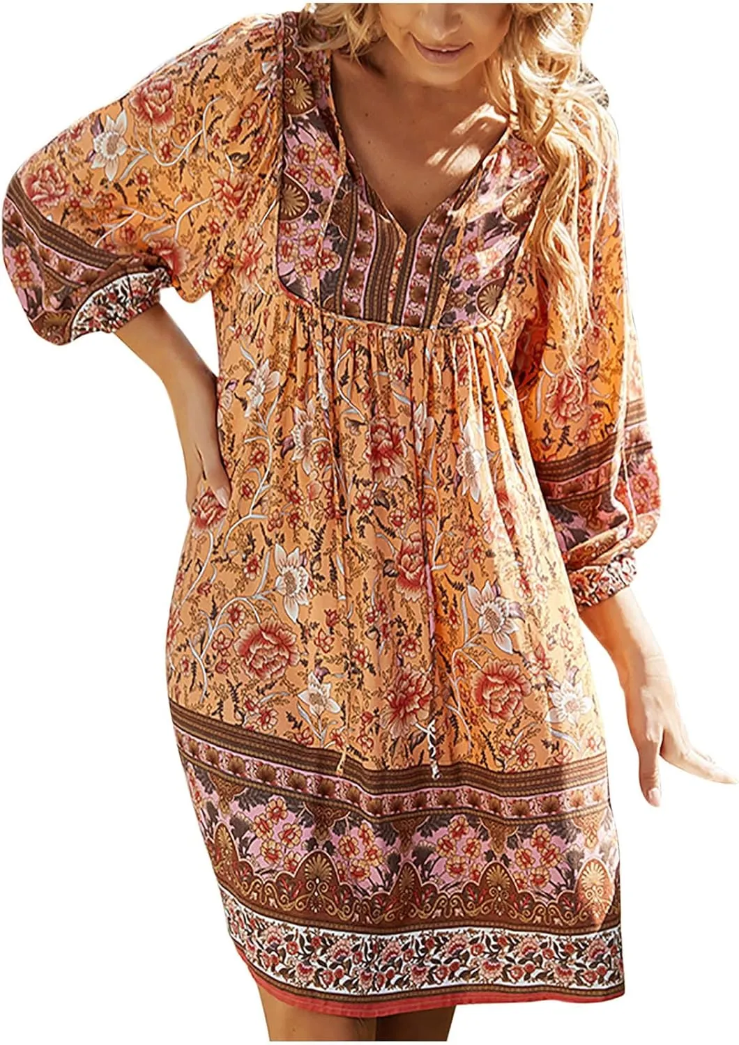 Boho Dresses for Women 2024 Summer Fashion 3/4 Sleeve V Neck Beach Sundress Casual Ruffle Floral Mini Dress