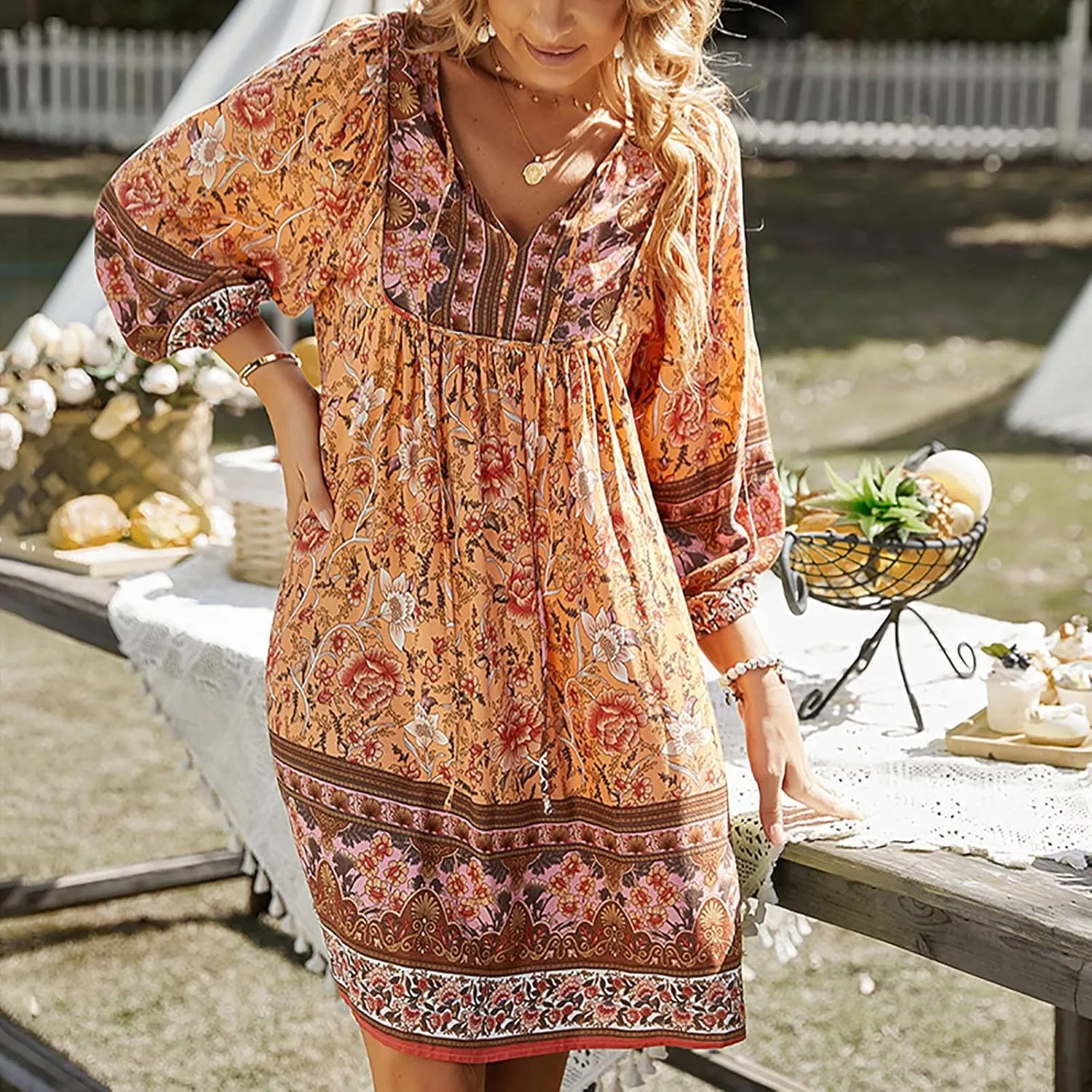 Boho Dresses for Women 2024 Summer Fashion 3/4 Sleeve V Neck Beach Sundress Casual Ruffle Floral Mini Dress