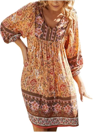 Boho Dresses for Women 2024 Summer Fashion 3/4 Sleeve V Neck Beach Sundress Casual Ruffle Floral Mini Dress