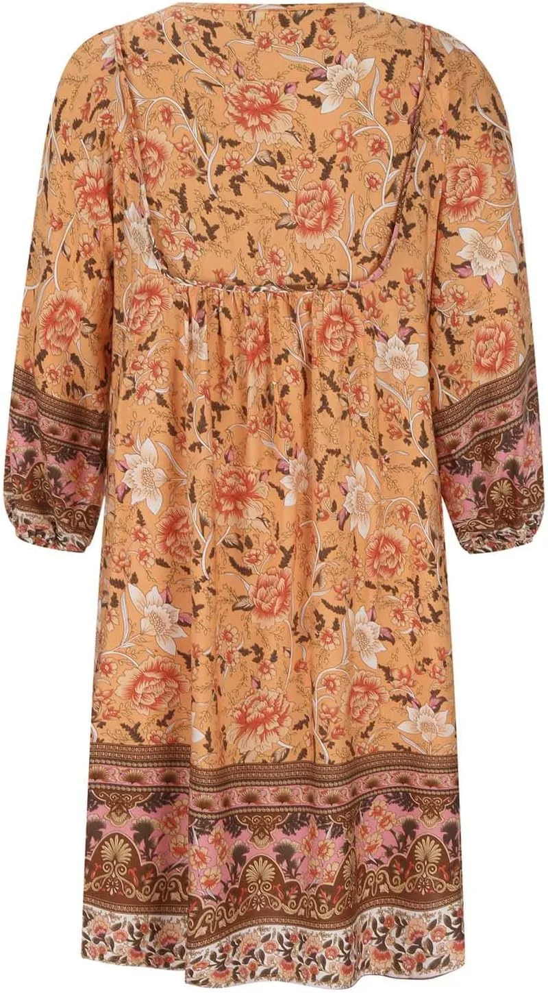 Boho Dresses for Women 2024 Summer Fashion 3/4 Sleeve V Neck Beach Sundress Casual Ruffle Floral Mini Dress