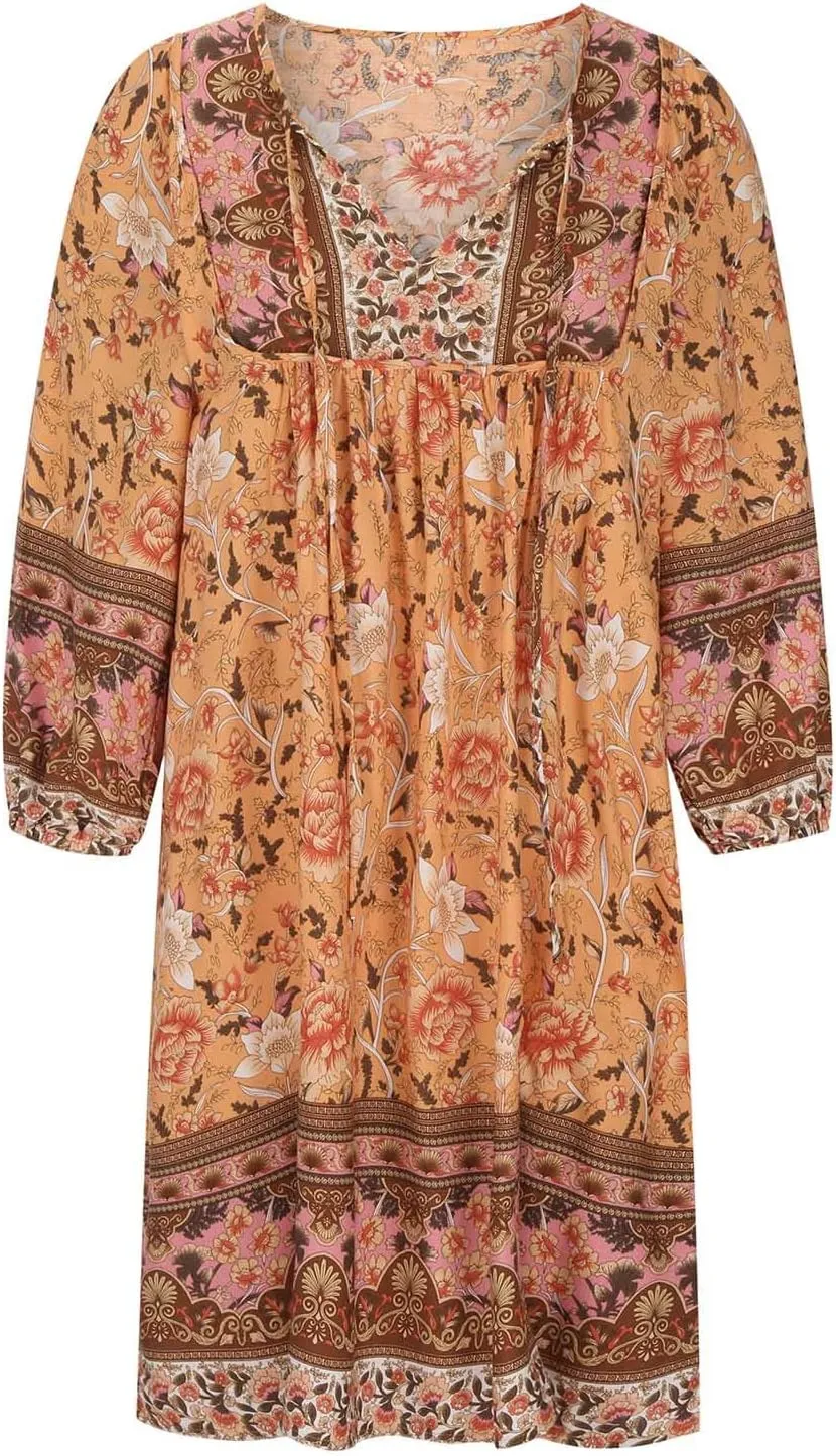 Boho Dresses for Women 2024 Summer Fashion 3/4 Sleeve V Neck Beach Sundress Casual Ruffle Floral Mini Dress