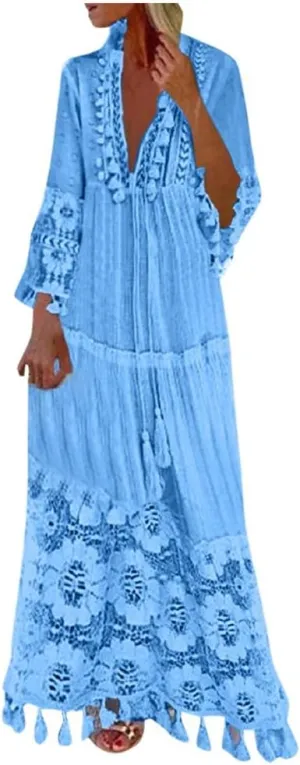 Boho Floral Lace Maxi Dress for Womens Summer V Neck 3/4 Sleeve Flowy Tassel Maxi Dresses Beach Swing Sundress
