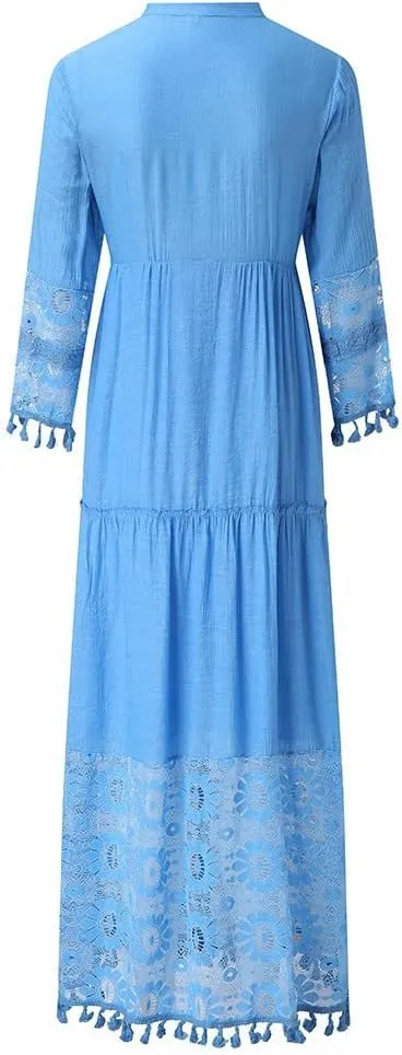 Boho Floral Lace Maxi Dress for Womens Summer V Neck 3/4 Sleeve Flowy Tassel Maxi Dresses Beach Swing Sundress