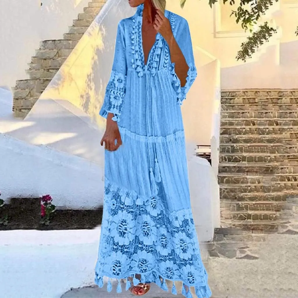 Boho Floral Lace Maxi Dress for Womens Summer V Neck 3/4 Sleeve Flowy Tassel Maxi Dresses Beach Swing Sundress
