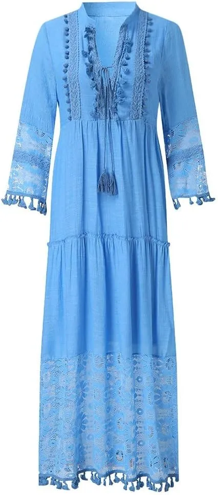 Boho Floral Lace Maxi Dress for Womens Summer V Neck 3/4 Sleeve Flowy Tassel Maxi Dresses Beach Swing Sundress