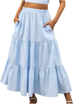 Boho Long Flaired Maxi Tier Skirt Elastic Waist Rayon Bohemian Skirts Fashion A-Line Midi Half Dress