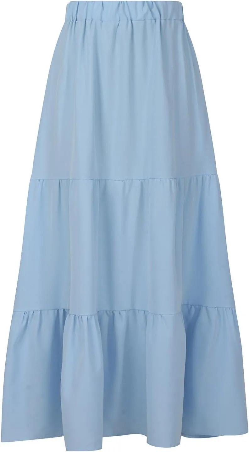 Boho Long Flaired Maxi Tier Skirt Elastic Waist Rayon Bohemian Skirts Fashion A-Line Midi Half Dress