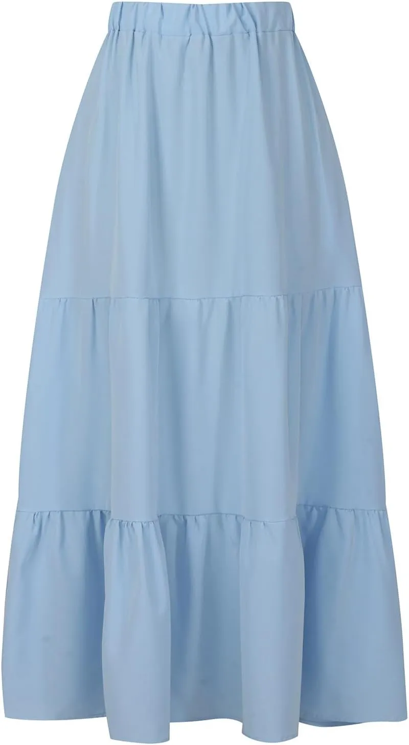 Boho Long Flaired Maxi Tier Skirt Elastic Waist Rayon Bohemian Skirts Fashion A-Line Midi Half Dress