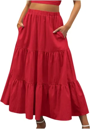 Boho Long Flaired Maxi Tier Skirt Elastic Waist Rayon Bohemian Skirts Fashion A-Line Midi Half Dress