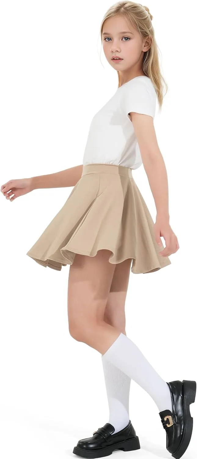 BOOPH Kids Girls Skirt Casual Mini Flare Plain Pleated Stretch Waist Skater Uniform Skirts