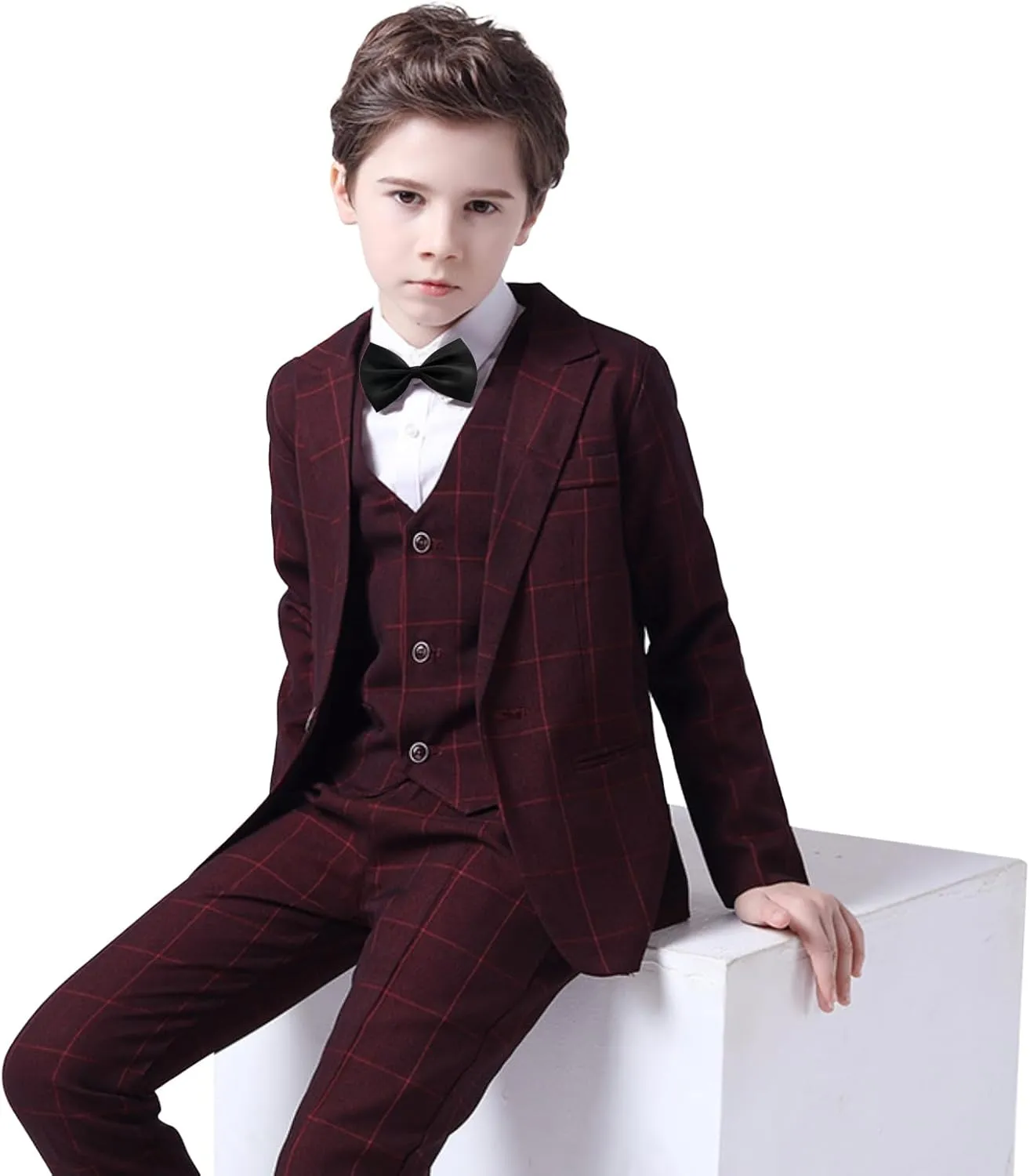 Boys Plaid Suit 5 Piece Formal Outfits Slim Fit Dress Clothes Kids Tuxedo Blazer Shirt Vest Pants Bow Tie