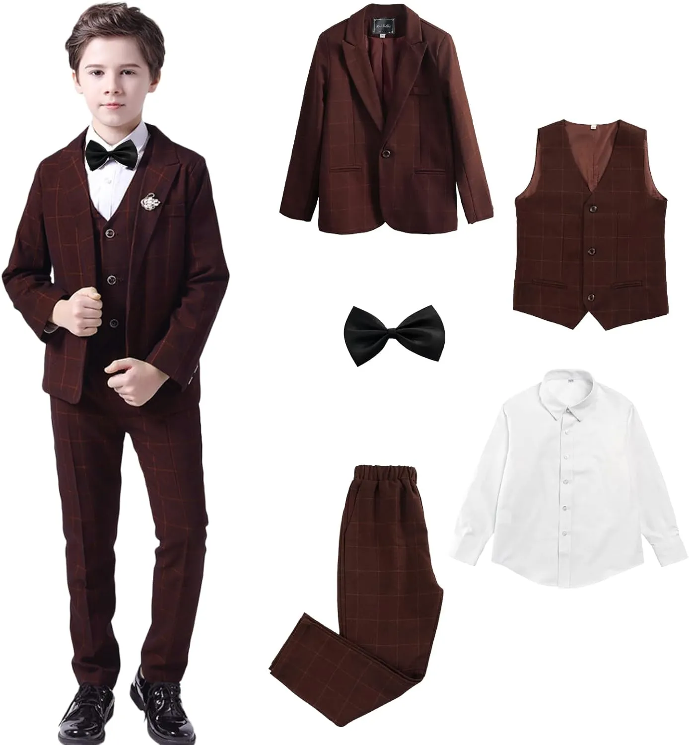 Boys Plaid Suit 5 Piece Formal Outfits Slim Fit Dress Clothes Kids Tuxedo Blazer Shirt Vest Pants Bow Tie