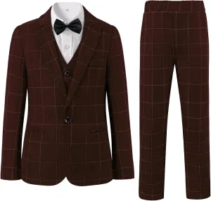 Boys Plaid Suit 5 Piece Formal Outfits Slim Fit Dress Clothes Kids Tuxedo Blazer Shirt Vest Pants Bow Tie