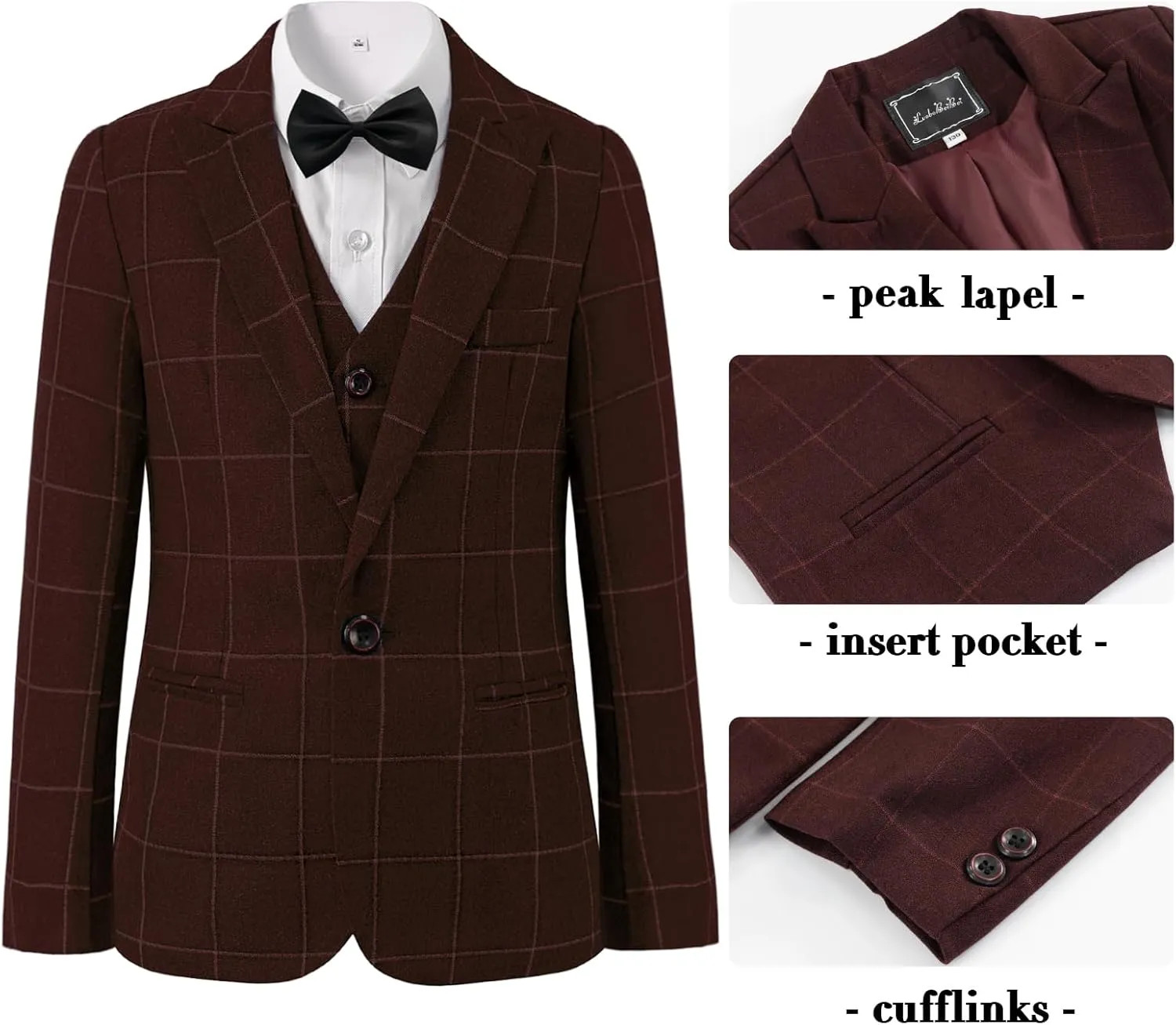 Boys Plaid Suit 5 Piece Formal Outfits Slim Fit Dress Clothes Kids Tuxedo Blazer Shirt Vest Pants Bow Tie