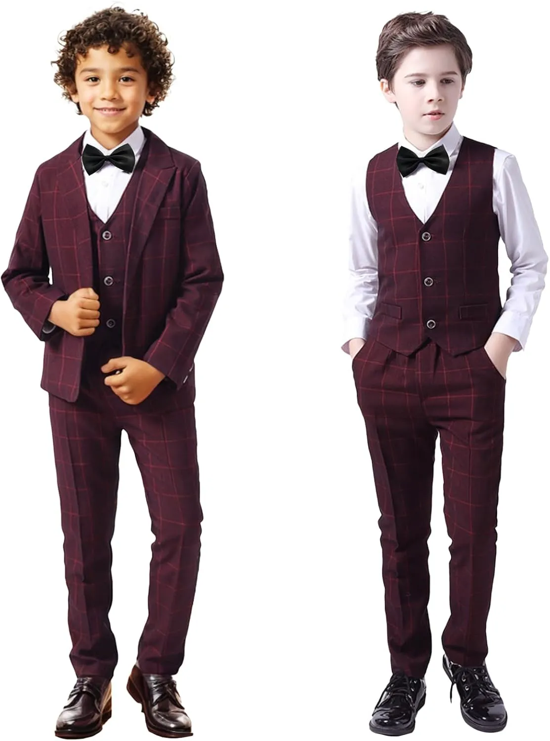 Boys Plaid Suit 5 Piece Formal Outfits Slim Fit Dress Clothes Kids Tuxedo Blazer Shirt Vest Pants Bow Tie