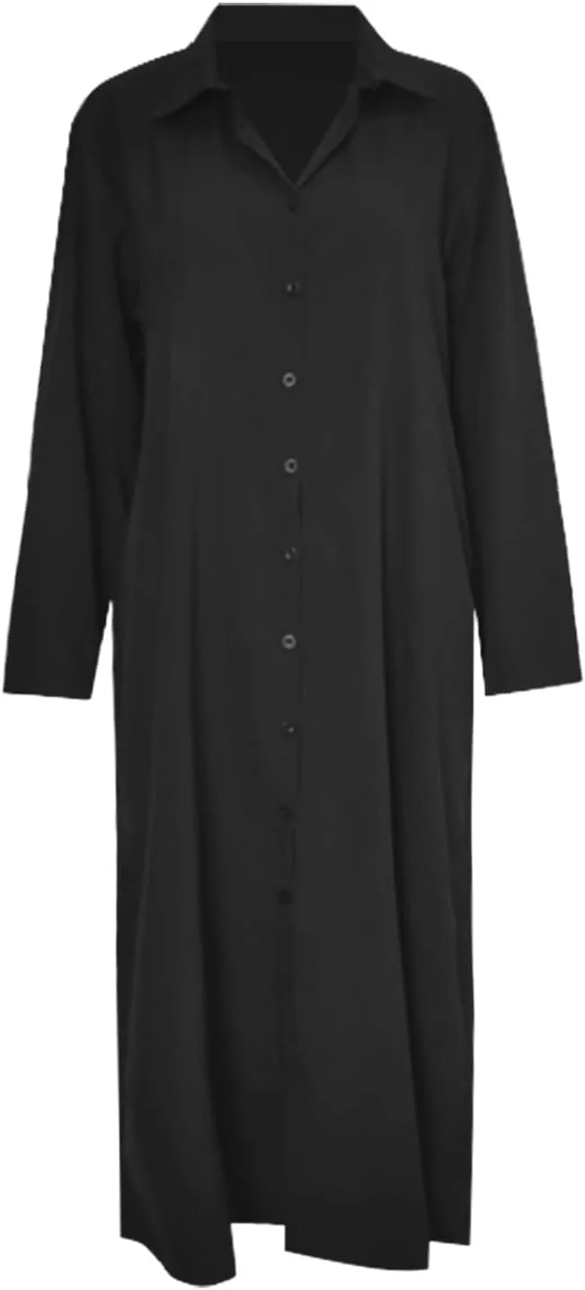 Caftans Dresses for Women Gauze Maxi Botton Dowm Long Sleeve Shirt Dress Lapel Fall Causal Loose Dress with Pockets