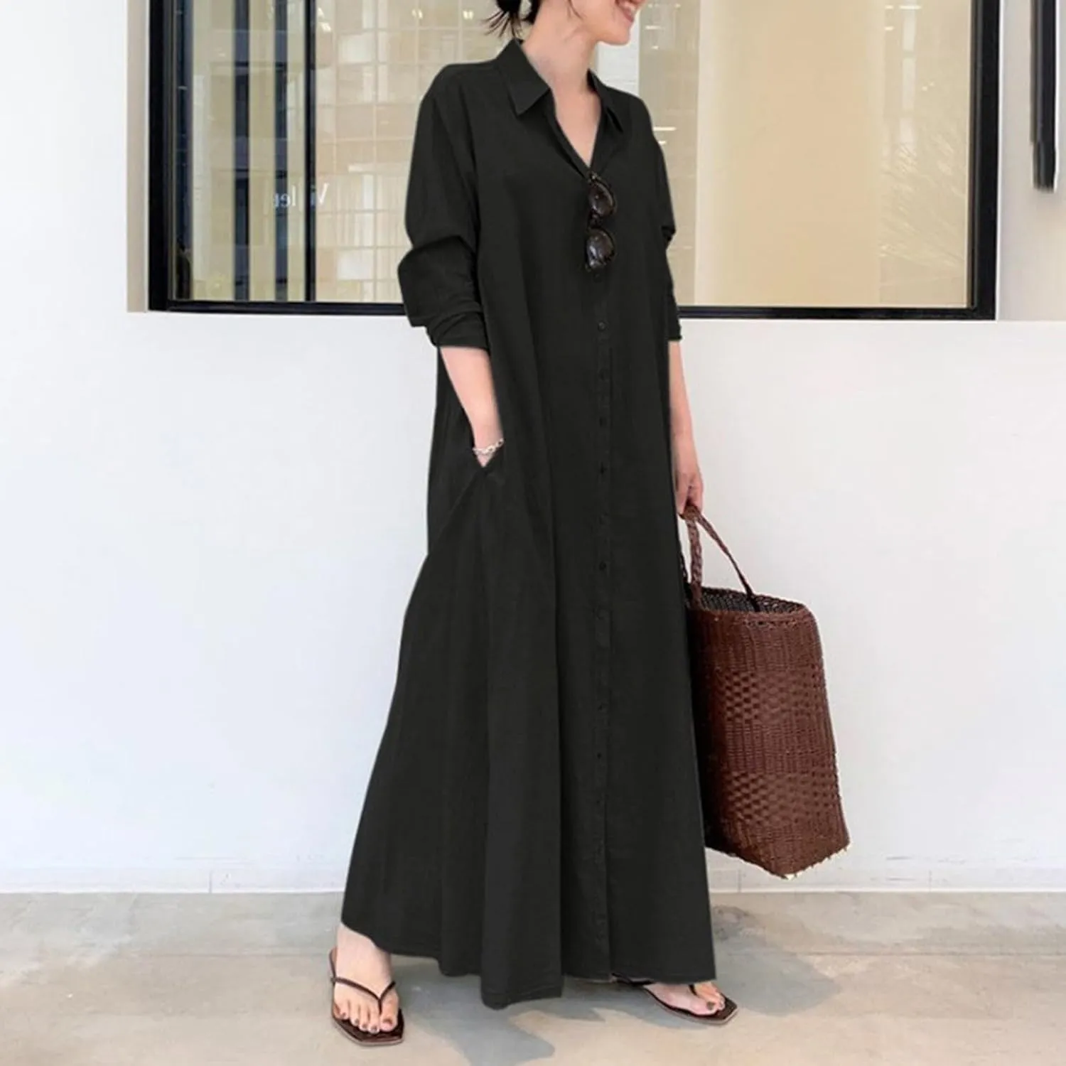 Caftans Dresses for Women Gauze Maxi Botton Dowm Long Sleeve Shirt Dress Lapel Fall Causal Loose Dress with Pockets