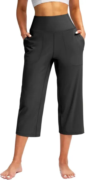 Capri Pants for Women Summer Casual Elastic Waist Wide Leg Cropped Trousers Plus Size Tummy Control Petite Yoga Pants