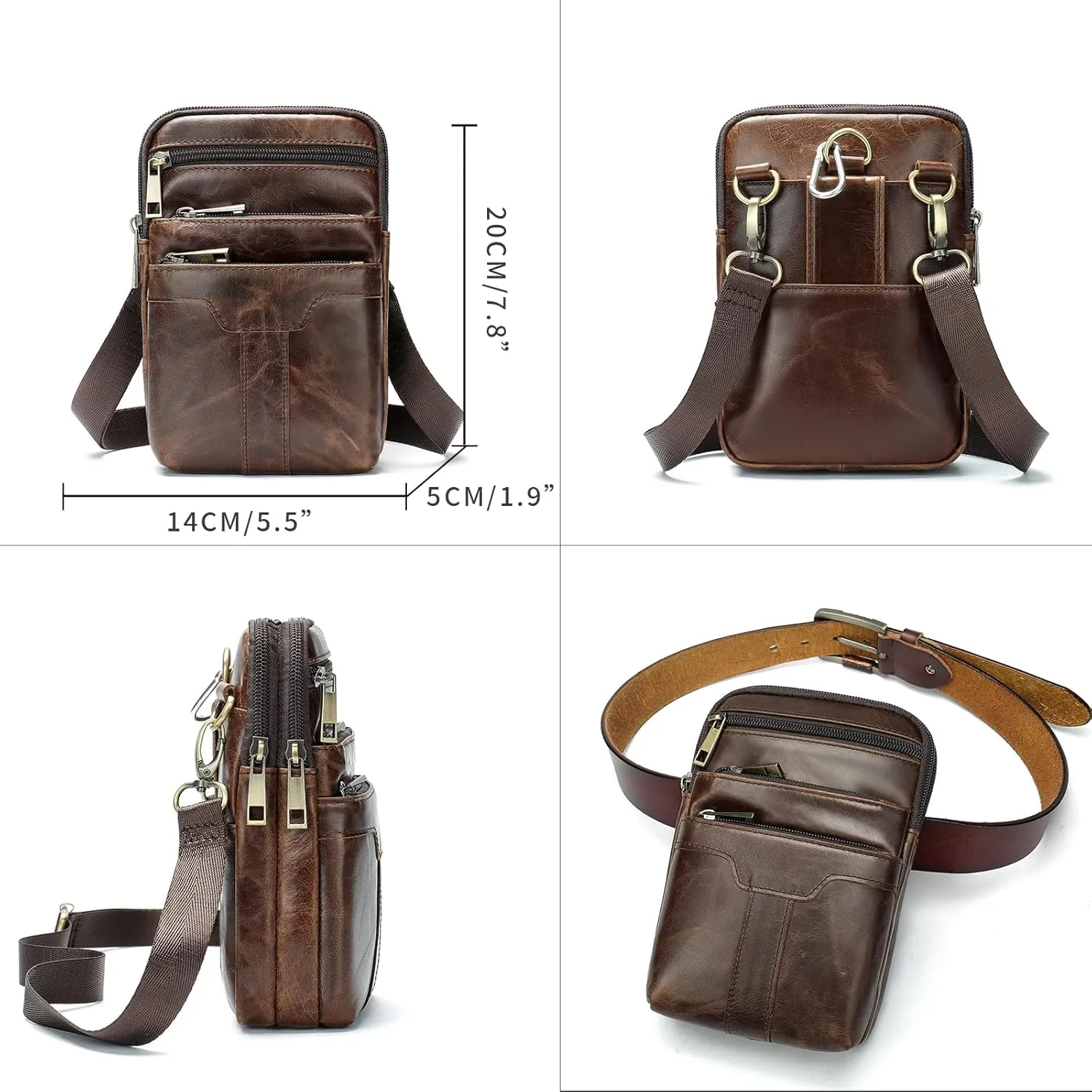 Cell Phone Shoulder Bag Leather Men, Waterproof Phone Waist Bag Messenger Bag Crossbody Purse with Belt Loop Wallet Case