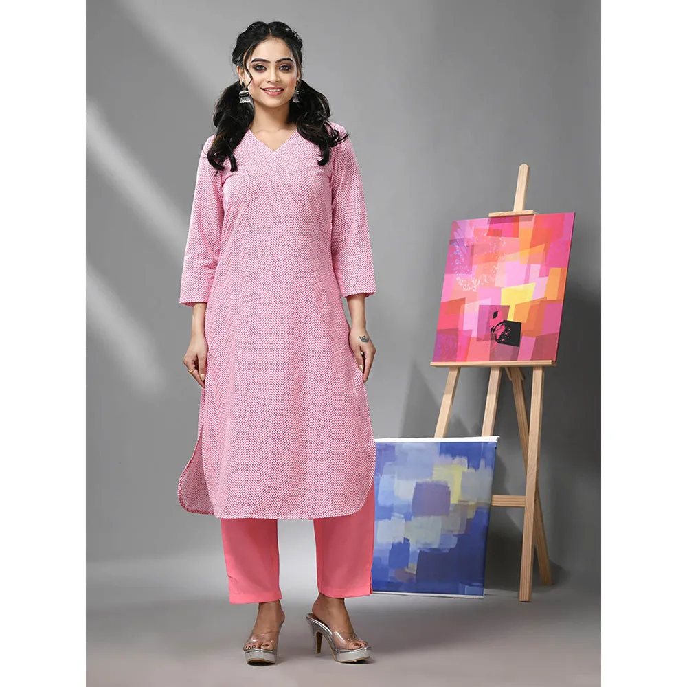 CHARUKRITI White and Pink Chevron Printed Kurta with Pant (Set of 2)