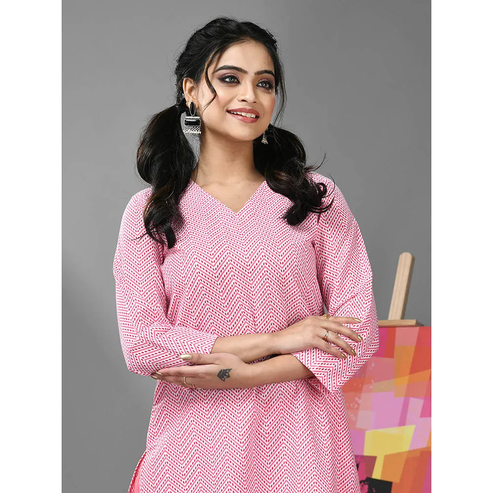 CHARUKRITI White and Pink Chevron Printed Kurta with Pant (Set of 2)