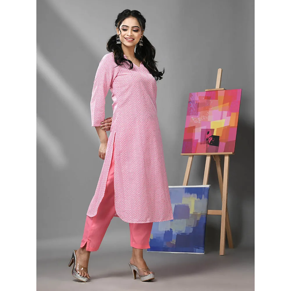 CHARUKRITI White and Pink Chevron Printed Kurta with Pant (Set of 2)