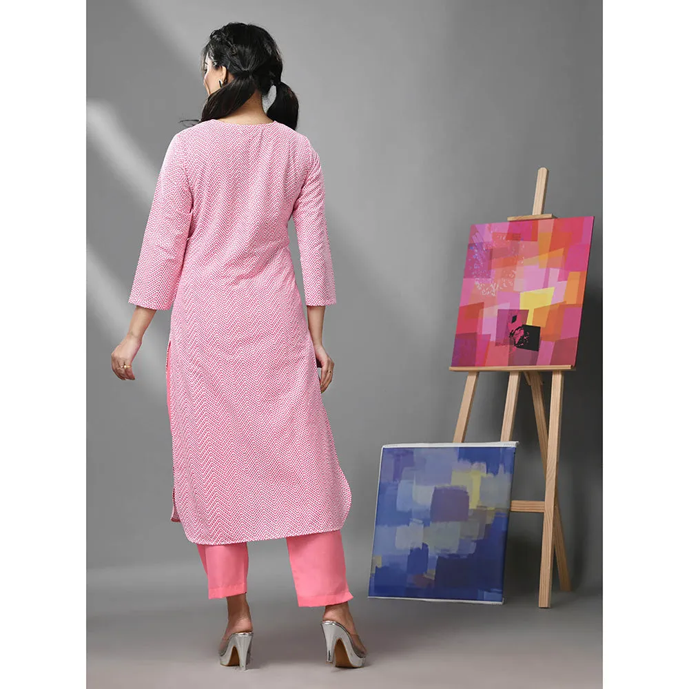 CHARUKRITI White and Pink Chevron Printed Kurta with Pant (Set of 2)