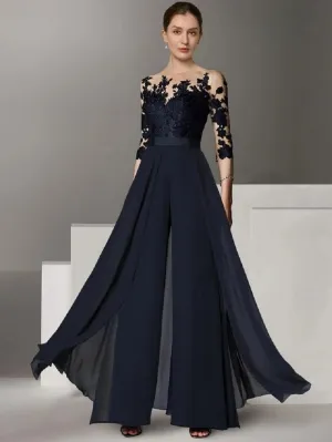 Chiffon Jumpsuits Mother of The Bride Pant Suits Lace Appliques 3/4 Sleeve Formal Wedding Guest Outfit
