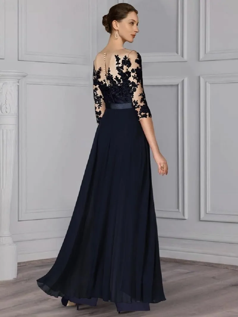 Chiffon Jumpsuits Mother of The Bride Pant Suits Lace Appliques 3/4 Sleeve Formal Wedding Guest Outfit