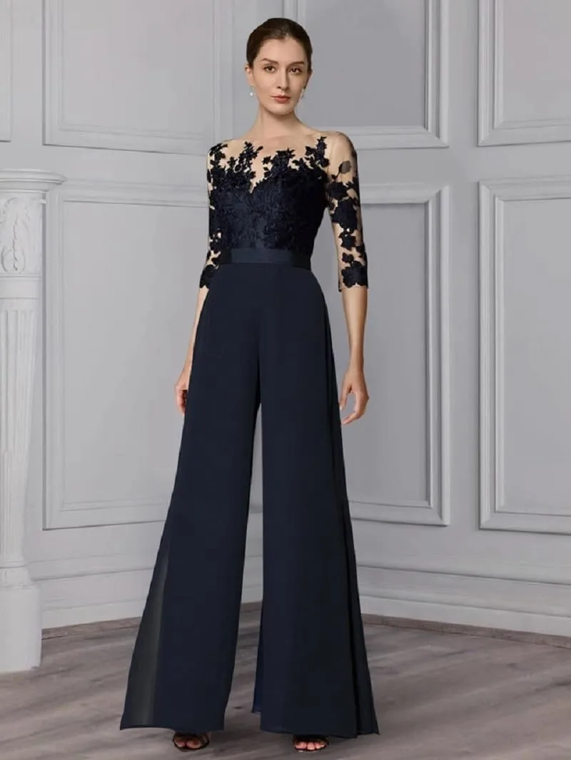 Chiffon Jumpsuits Mother of The Bride Pant Suits Lace Appliques 3/4 Sleeve Formal Wedding Guest Outfit