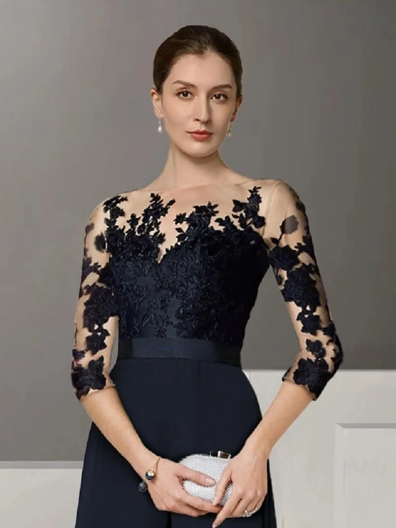 Chiffon Jumpsuits Mother of The Bride Pant Suits Lace Appliques 3/4 Sleeve Formal Wedding Guest Outfit