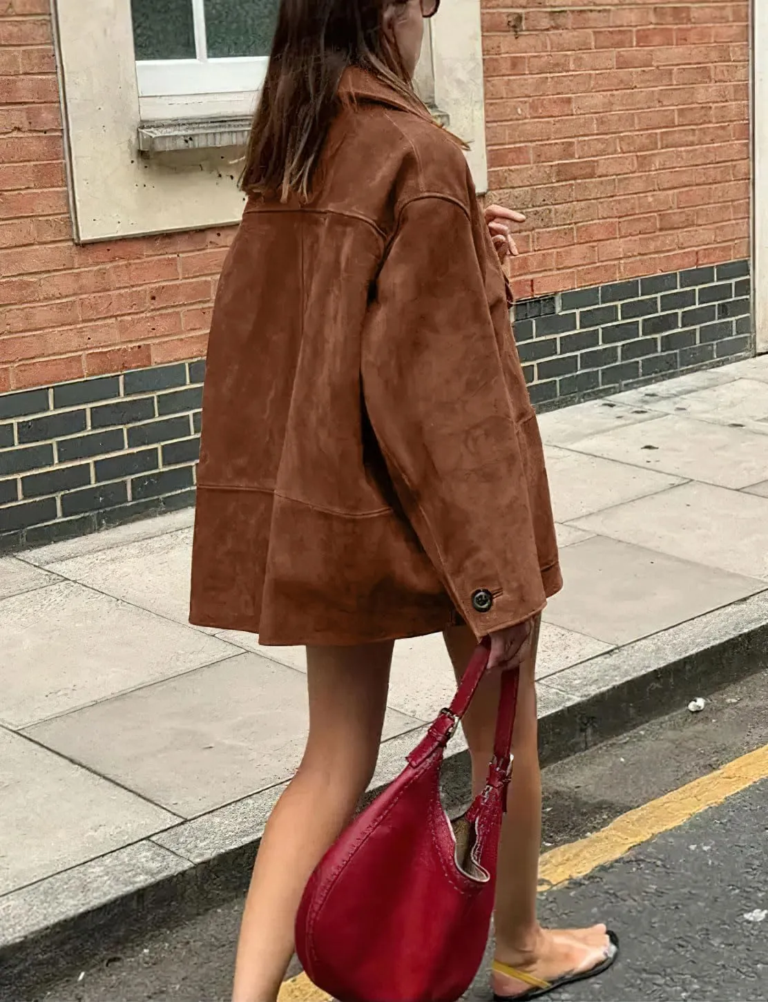 chouyatou Women's Fall Boyfriend Faux Suede Leather Jacket Casual Midi Long Button Down Shacket Coat