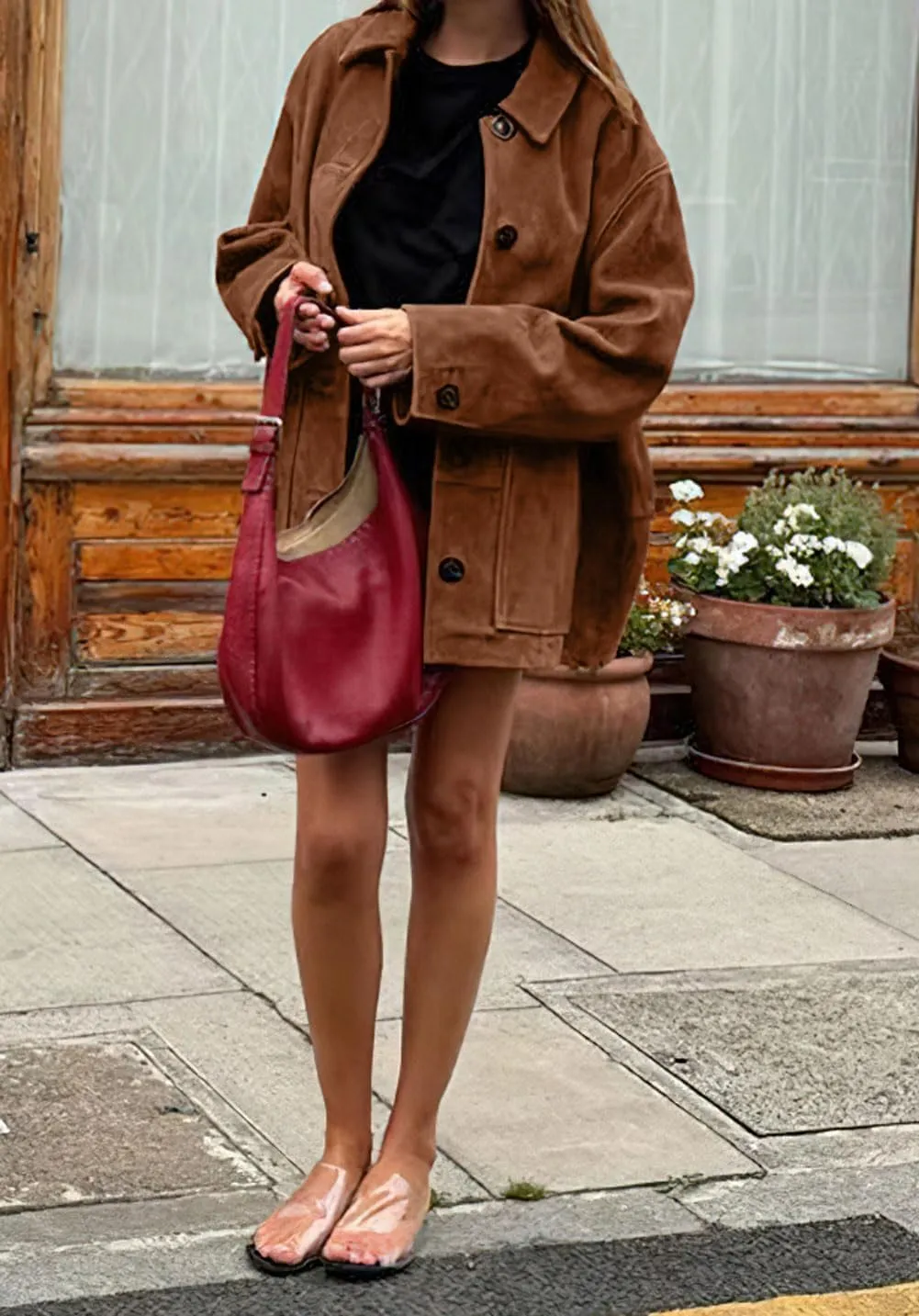 chouyatou Women's Fall Boyfriend Faux Suede Leather Jacket Casual Midi Long Button Down Shacket Coat