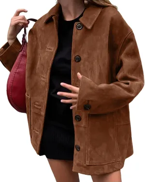 chouyatou Women's Fall Boyfriend Faux Suede Leather Jacket Casual Midi Long Button Down Shacket Coat