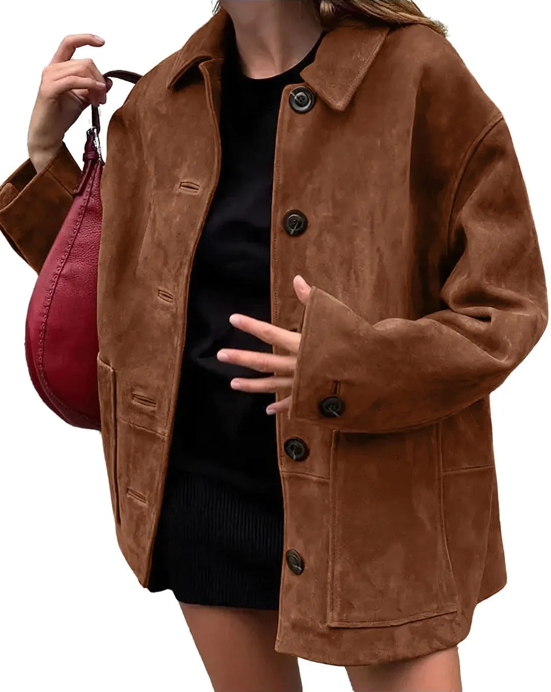 chouyatou Women's Fall Boyfriend Faux Suede Leather Jacket Casual Midi Long Button Down Shacket Coat