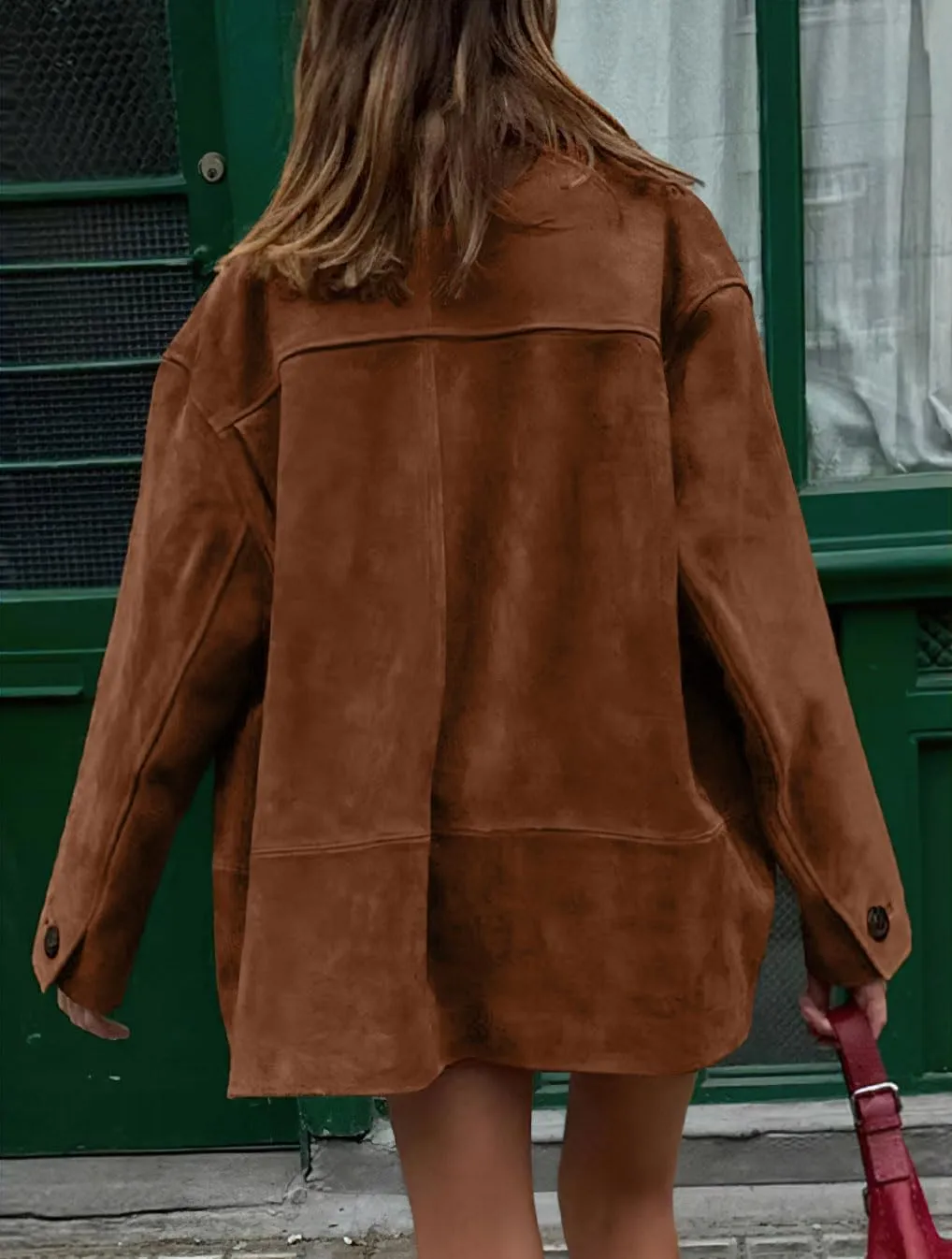 chouyatou Women's Fall Boyfriend Faux Suede Leather Jacket Casual Midi Long Button Down Shacket Coat