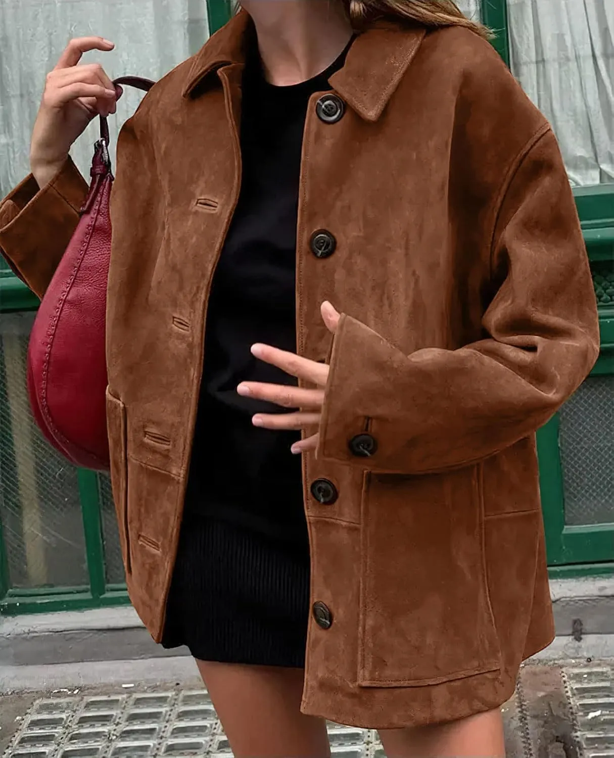 chouyatou Women's Fall Boyfriend Faux Suede Leather Jacket Casual Midi Long Button Down Shacket Coat