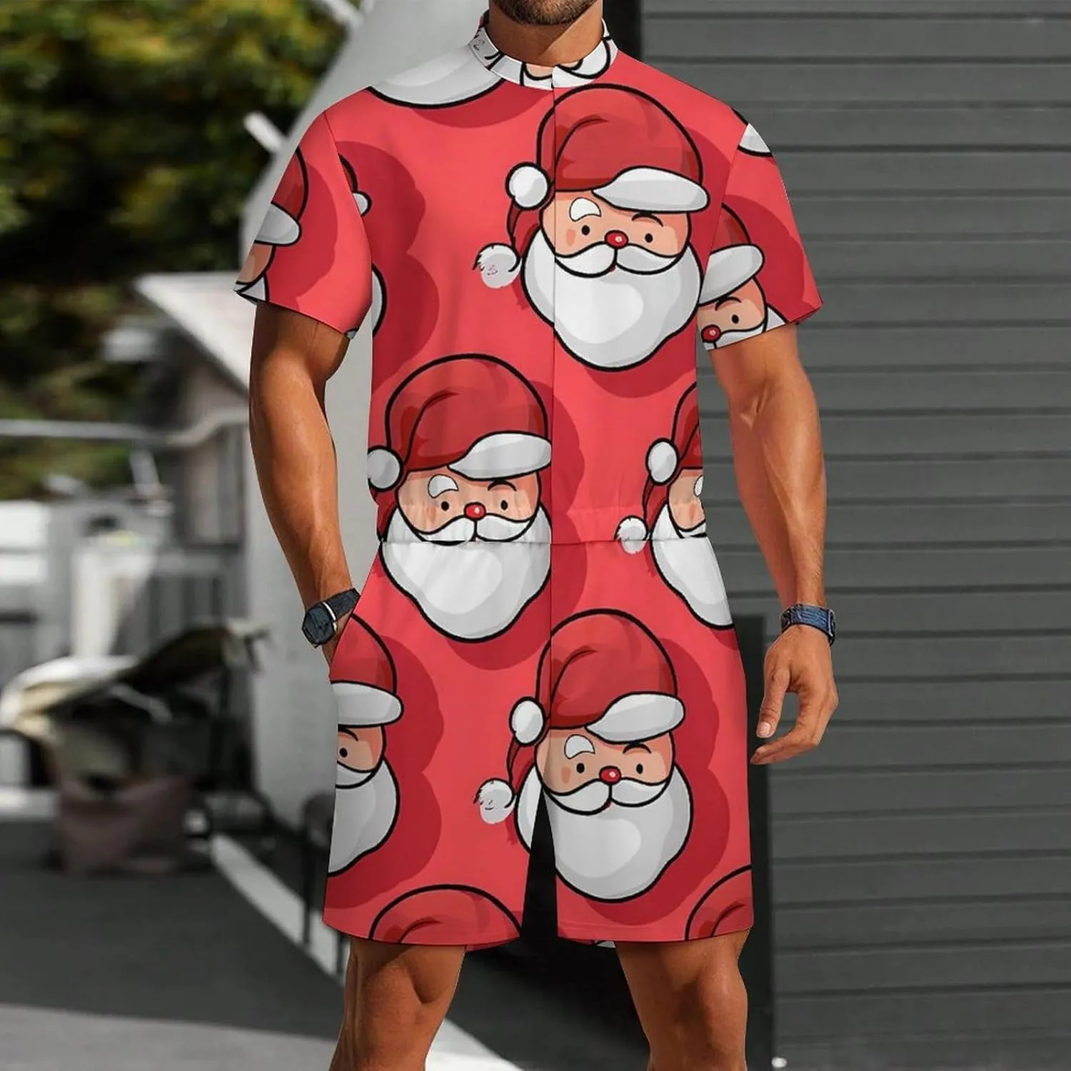 Christmas Funny Santa Mens Short Sleeve Rompers Printed Slim Fit One Piece Jumpsuit with Pocket