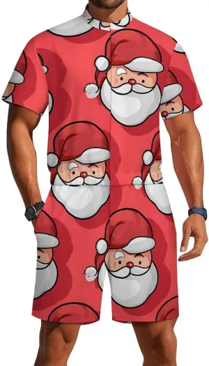 Christmas Funny Santa Mens Short Sleeve Rompers Printed Slim Fit One Piece Jumpsuit with Pocket