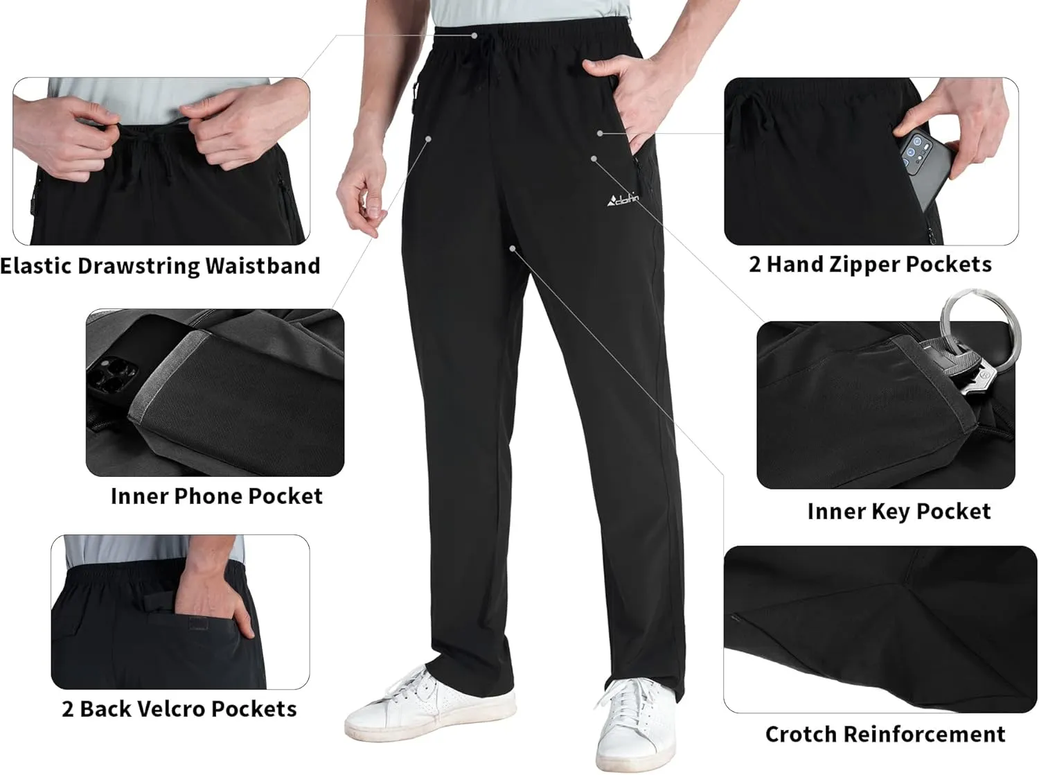 clothin Men's Lightweight Elastic Waist Pants Drawstring Athletic Sweatpants with Zipper Pockets for Hiking Casual Travel
