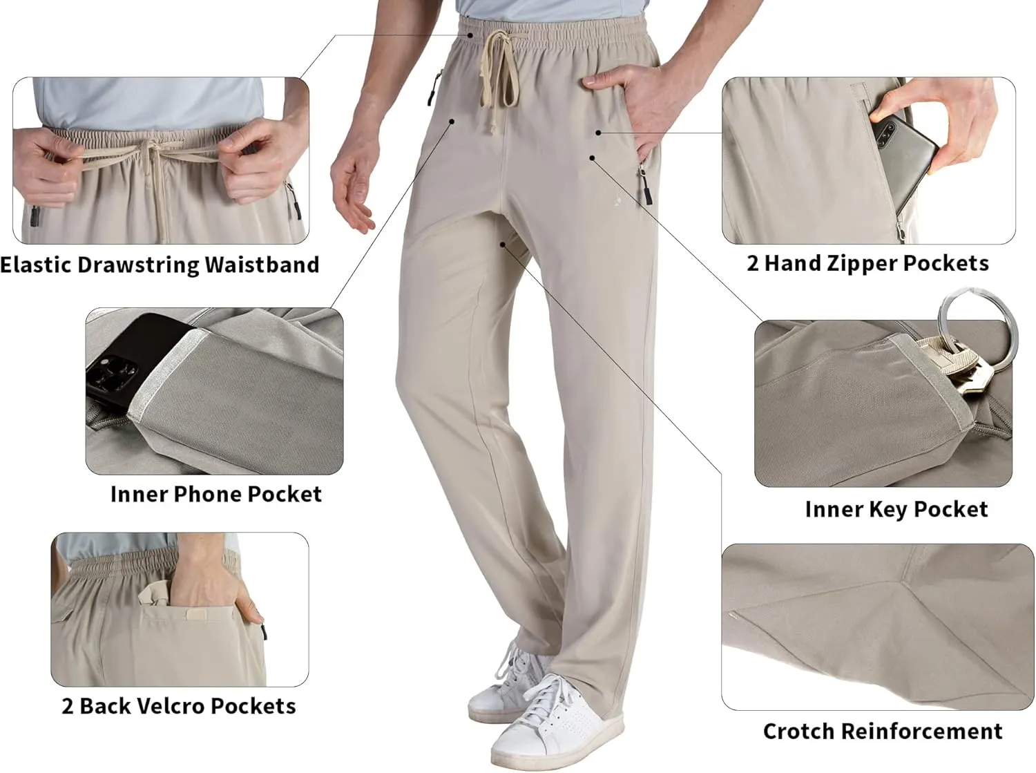 clothin Men's Lightweight Elastic Waist Pants Drawstring Athletic Sweatpants with Zipper Pockets for Hiking Casual Travel