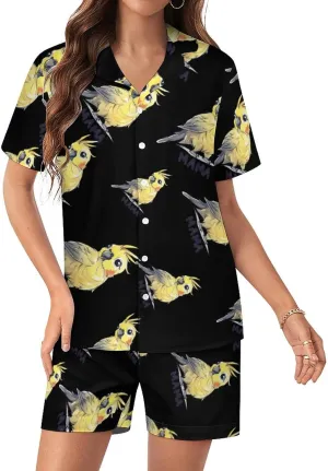 Cockatiels Mom Women's Satin Pajama Set Short Sleeve Button Down Sleepwear Loungewear Pj Set