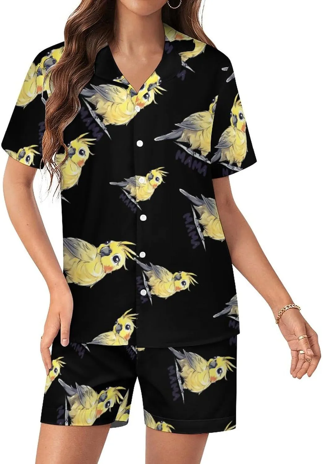 Cockatiels Mom Women's Satin Pajama Set Short Sleeve Button Down Sleepwear Loungewear Pj Set