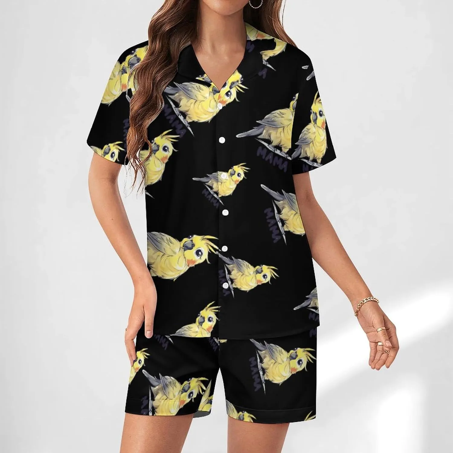 Cockatiels Mom Women's Satin Pajama Set Short Sleeve Button Down Sleepwear Loungewear Pj Set