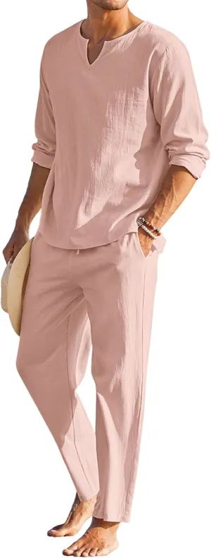 COOFANDY Men's 2 Pieces Cotton Linen Set Henley Shirt Long Sleeve and Casual Beach Pants Summer Yoga Outfits