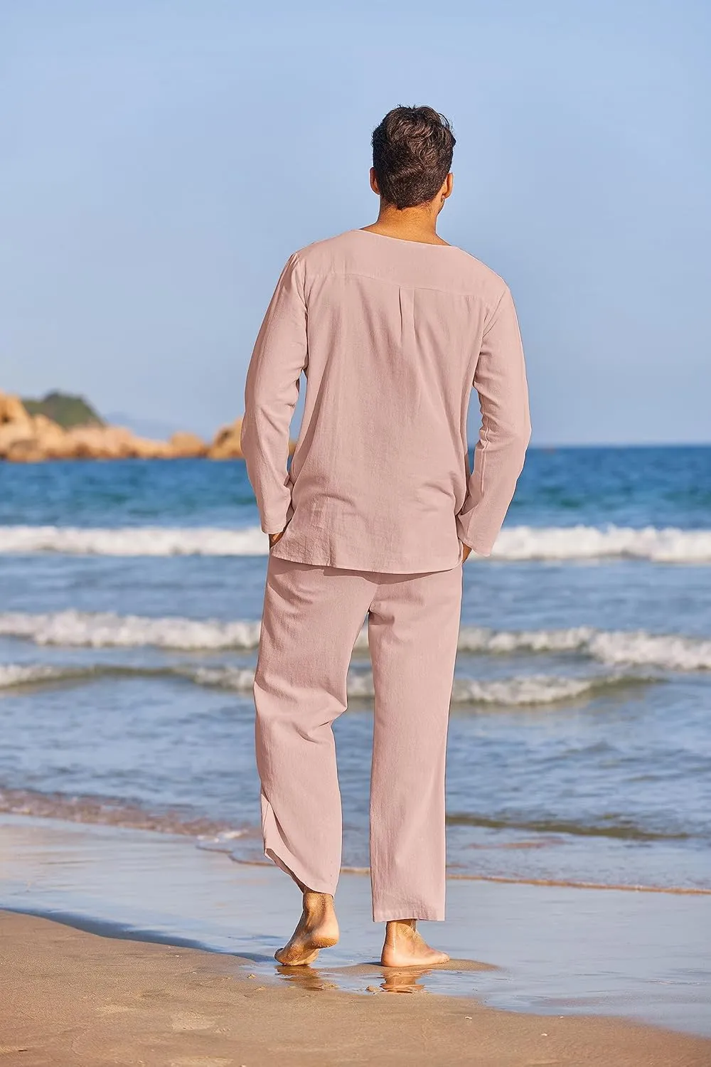 COOFANDY Men's 2 Pieces Cotton Linen Set Henley Shirt Long Sleeve and Casual Beach Pants Summer Yoga Outfits