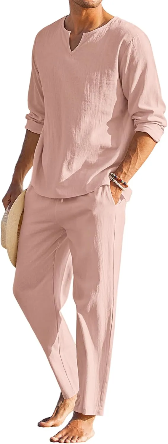 COOFANDY Men's 2 Pieces Cotton Linen Set Henley Shirt Long Sleeve and Casual Beach Pants Summer Yoga Outfits