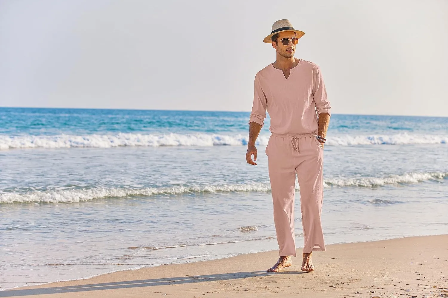COOFANDY Men's 2 Pieces Cotton Linen Set Henley Shirt Long Sleeve and Casual Beach Pants Summer Yoga Outfits